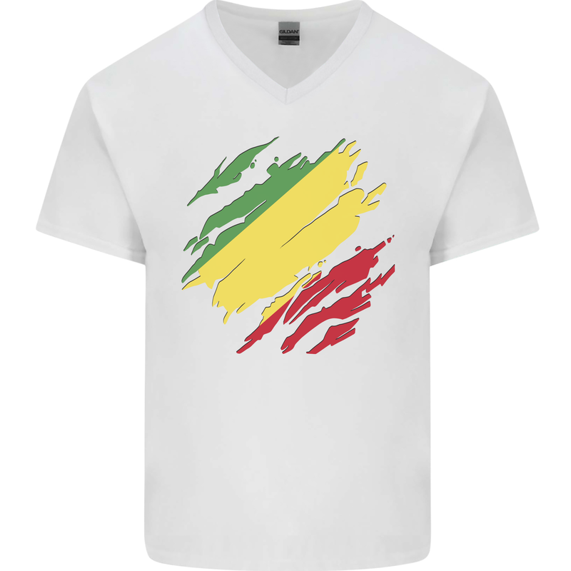 Torn Republic of the Congo Flag Day Football Mens V-Neck Cotton T-Shirt White