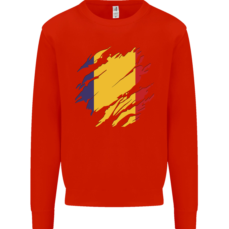 Torn Romania Flag Romanian Day Football Kids Sweatshirt Jumper Bright Red