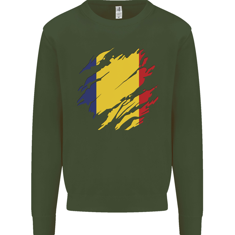 Torn Romania Flag Romanian Day Football Kids Sweatshirt Jumper Forest Green