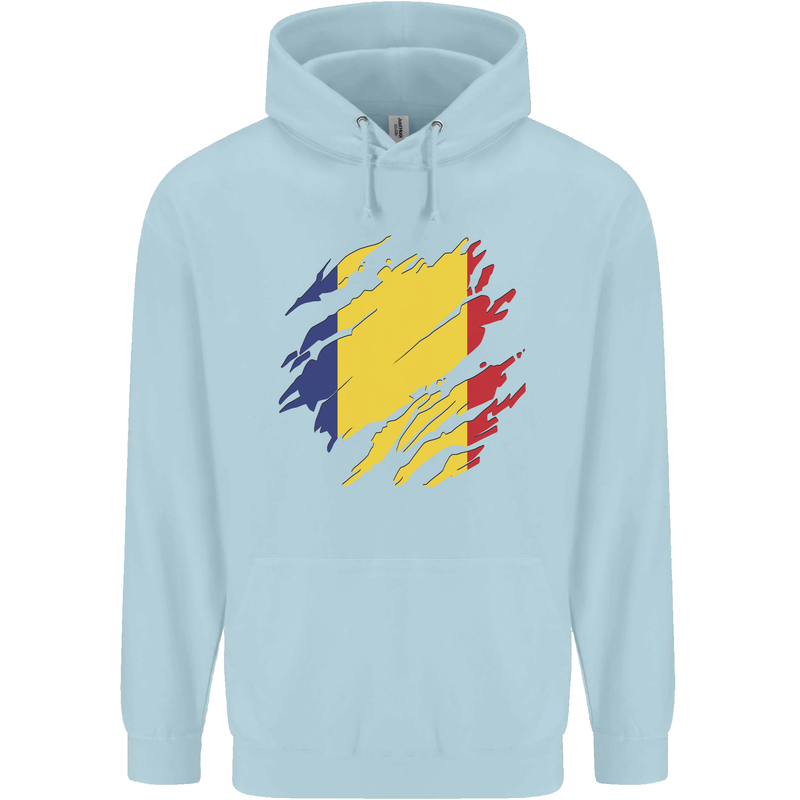 Torn Romania Flag Romanian Day Football Mens 80% Cotton Hoodie Light Blue