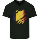 Torn Romania Flag Romanian Day Football Mens V-Neck Cotton T-Shirt Black