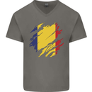 Torn Romania Flag Romanian Day Football Mens V-Neck Cotton T-Shirt Charcoal
