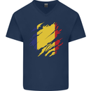 Torn Romania Flag Romanian Day Football Mens V-Neck Cotton T-Shirt Navy Blue