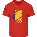Torn Romania Flag Romanian Day Football Mens V-Neck Cotton T-Shirt Red
