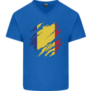 Torn Romania Flag Romanian Day Football Mens V-Neck Cotton T-Shirt Royal Blue
