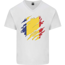 Torn Romania Flag Romanian Day Football Mens V-Neck Cotton T-Shirt White