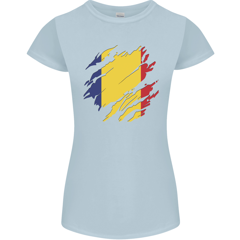 Torn Romania Flag Romanian Day Football Womens Petite Cut T-Shirt Light Blue