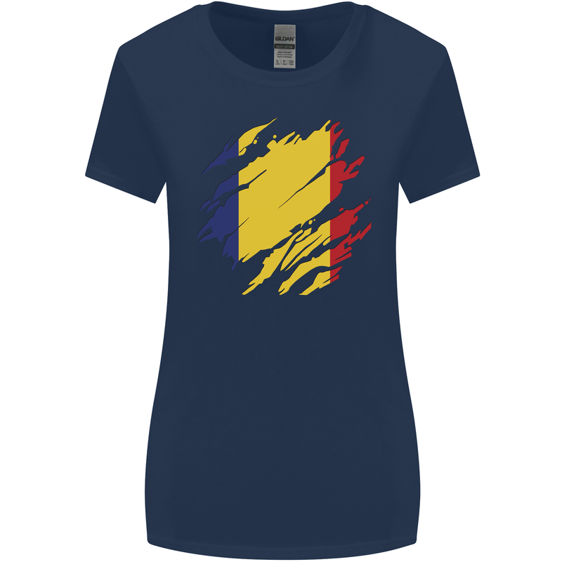 Torn Romania Flag Romanian Day Football Womens Wider Cut T-Shirt Navy Blue