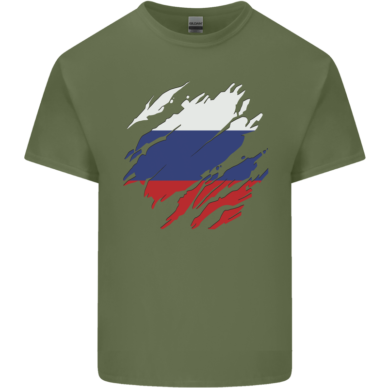Torn Russia Flag Russian Day Football Mens Cotton T-Shirt Tee Top Military Green