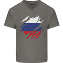 Torn Russia Flag Russian Day Football Mens V-Neck Cotton T-Shirt Charcoal