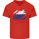 Torn Russia Flag Russian Day Football Mens V-Neck Cotton T-Shirt Red