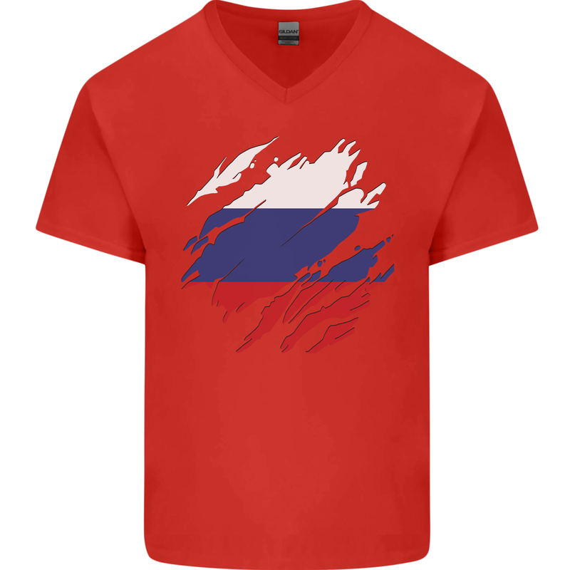Torn Russia Flag Russian Day Football Mens V-Neck Cotton T-Shirt Red