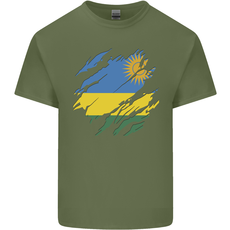 Torn Rwanda Flag Rwandan Day Football Mens Cotton T-Shirt Tee Top Military Green