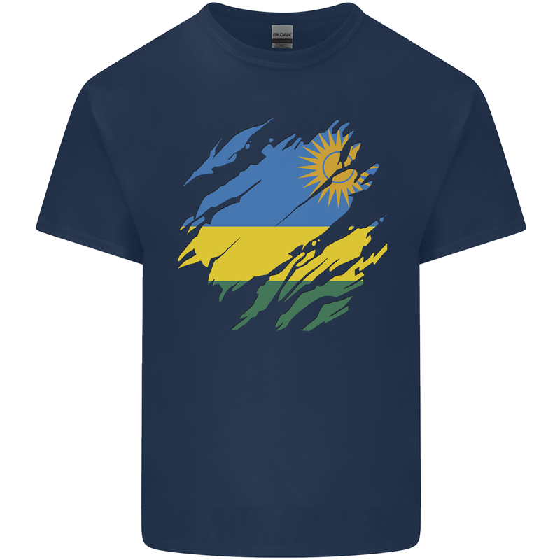 Torn Rwanda Flag Rwandan Day Football Mens Cotton T-Shirt Tee Top Navy Blue
