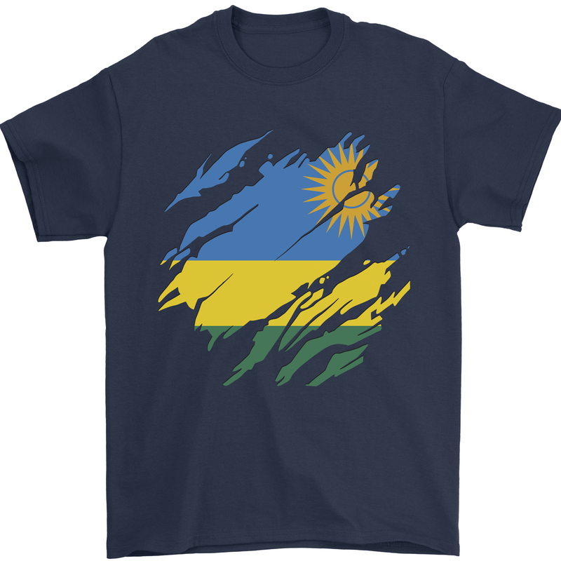 Torn Rwanda Flag Rwandan Day Football Mens T-Shirt 100% Cotton Navy Blue
