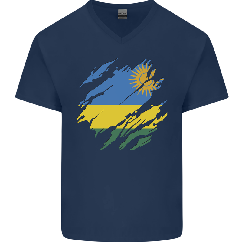 Torn Rwanda Flag Rwandan Day Football Mens V-Neck Cotton T-Shirt Navy Blue