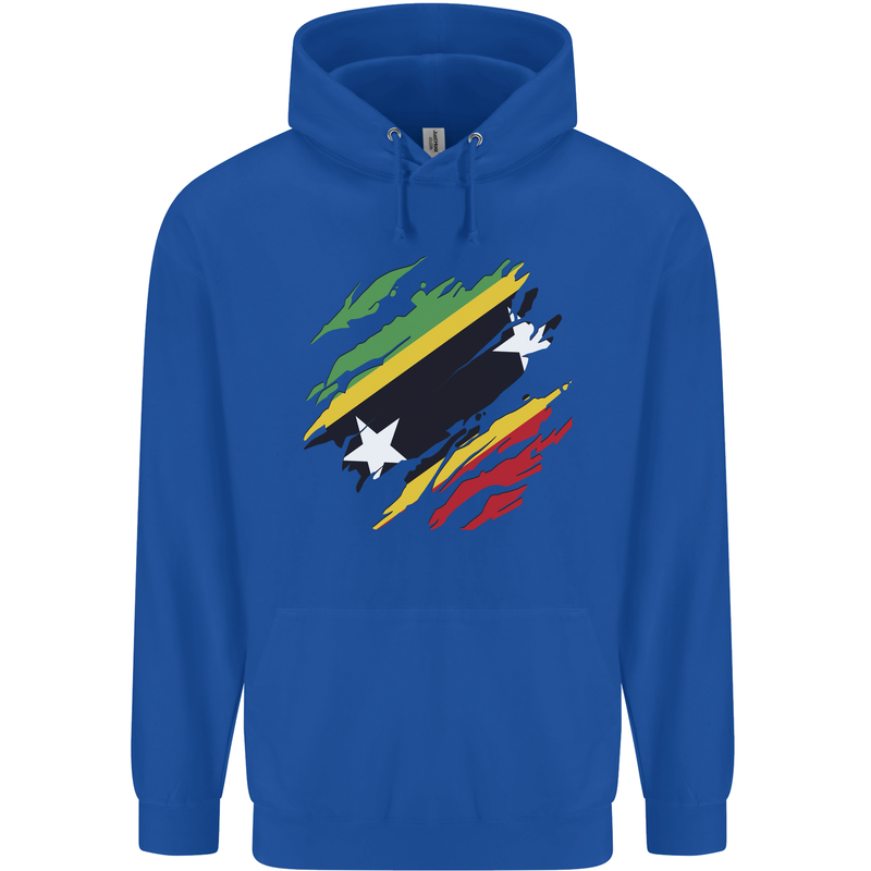 Torn Saint Kitts and Nevis Flag Day Football Mens 80% Cotton Hoodie Royal Blue