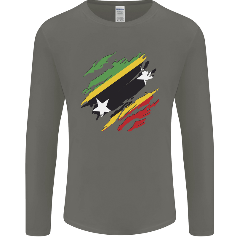 Torn Saint Kitts and Nevis Flag Day Football Mens Long Sleeve T-Shirt Charcoal