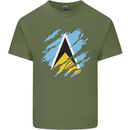Torn Saint Lucia Flag Lucian Day Football Mens Cotton T-Shirt Tee Top Military Green