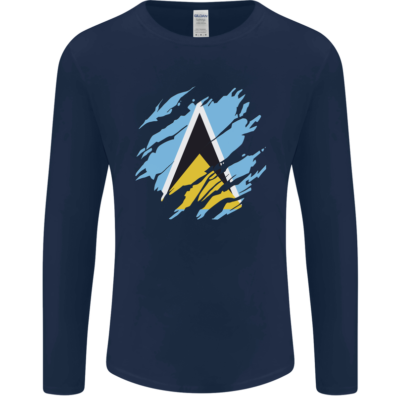 Torn Saint Lucia Flag Lucian Day Football Mens Long Sleeve T-Shirt Navy Blue