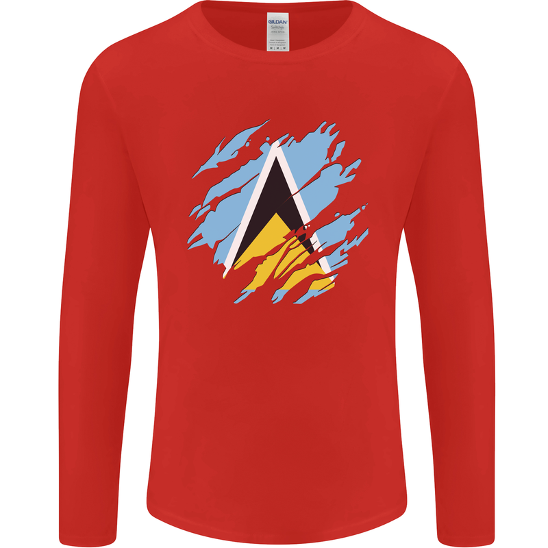 Torn Saint Lucia Flag Lucian Day Football Mens Long Sleeve T-Shirt Red