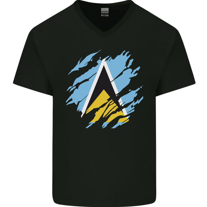 Torn Saint Lucia Flag Lucian Day Football Mens V-Neck Cotton T-Shirt Black