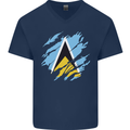 Torn Saint Lucia Flag Lucian Day Football Mens V-Neck Cotton T-Shirt Navy Blue