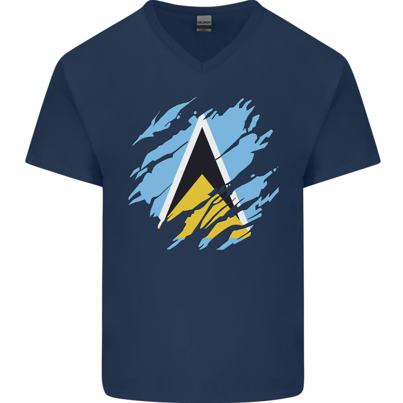 Torn Saint Lucia Flag Lucian Day Football Mens V-Neck Cotton T-Shirt Navy Blue