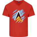 Torn Saint Lucia Flag Lucian Day Football Mens V-Neck Cotton T-Shirt Red