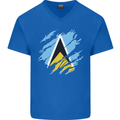 Torn Saint Lucia Flag Lucian Day Football Mens V-Neck Cotton T-Shirt Royal Blue