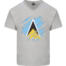 Torn Saint Lucia Flag Lucian Day Football Mens V-Neck Cotton T-Shirt Sports Grey