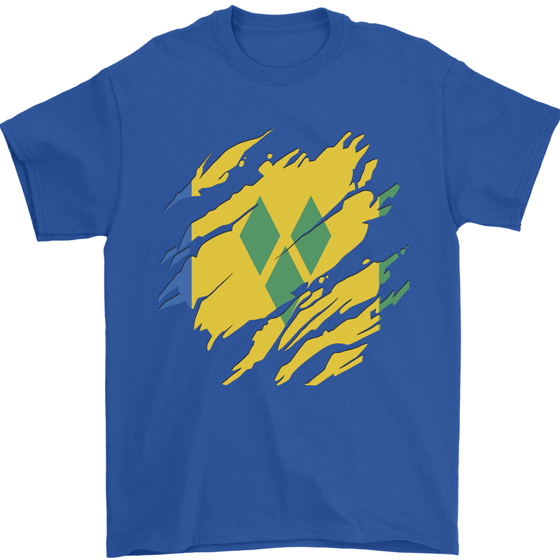 Torn Saint Vincent and Grenadines Flag Football Mens T-Shirt 100% Cotton Royal Blue