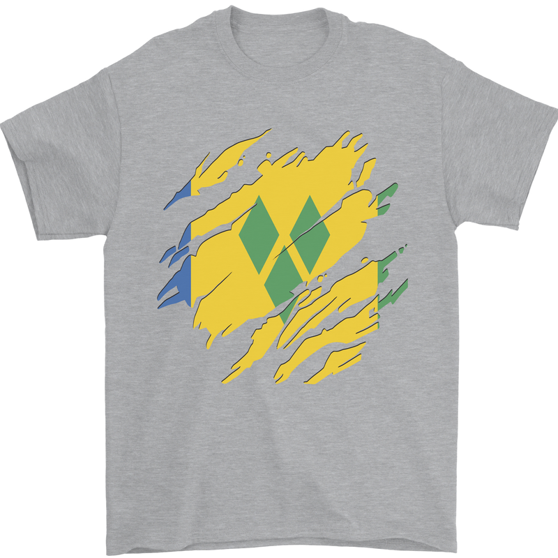 Torn Saint Vincent and Grenadines Flag Football Mens T-Shirt 100% Cotton Sports Grey