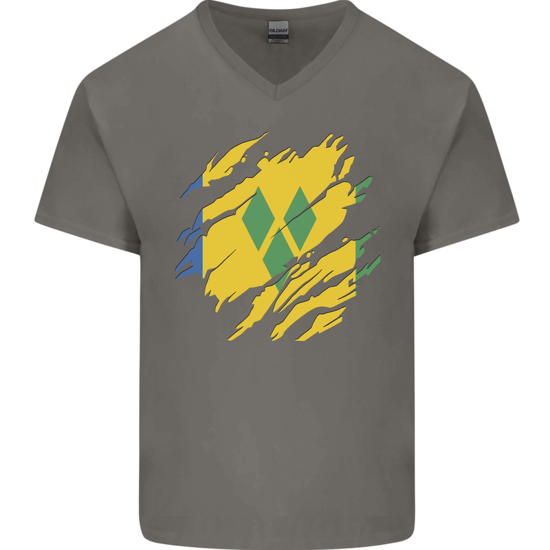 Torn Saint Vincent and Grenadines Flag Football Mens V-Neck Cotton T-Shirt Charcoal