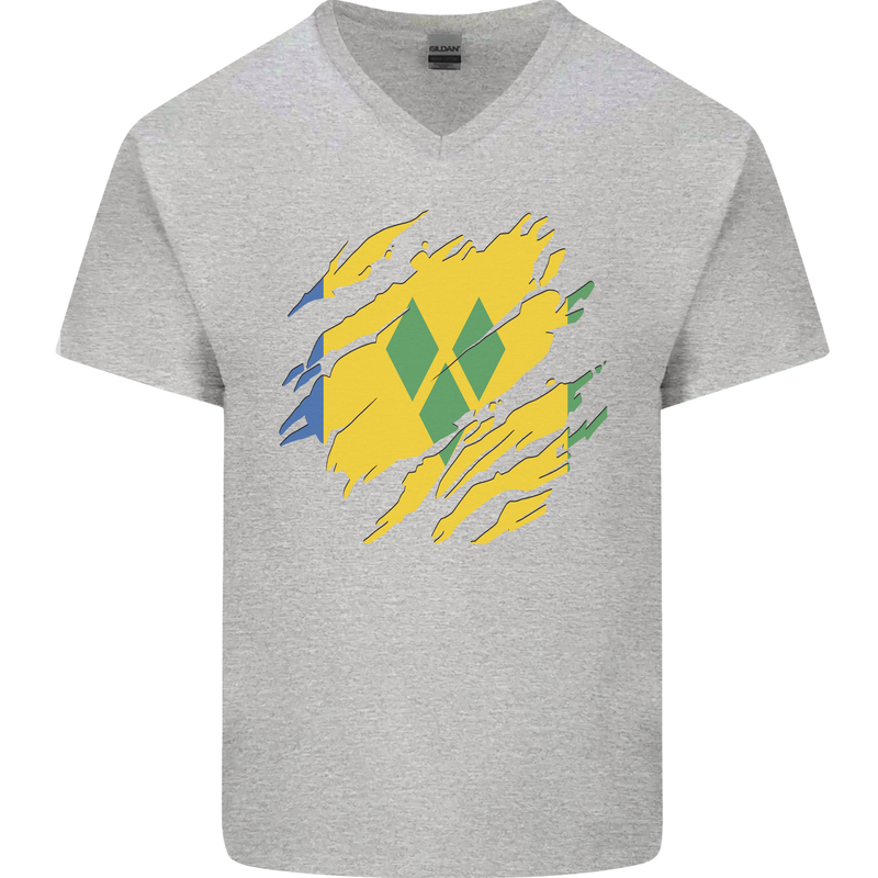 Torn Saint Vincent and Grenadines Flag Football Mens V-Neck Cotton T-Shirt Sports Grey