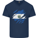 Torn Salvador Flag Salvadoran Day Football Mens V-Neck Cotton T-Shirt Navy Blue