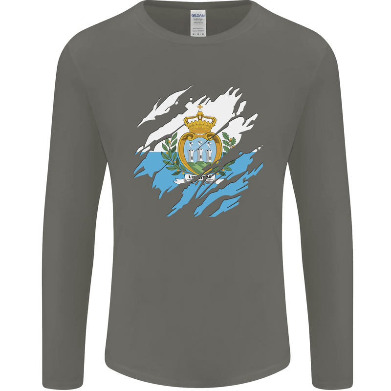 Torn San Marino Flag Sammarinese Day Football Mens Long Sleeve T-Shirt Charcoal