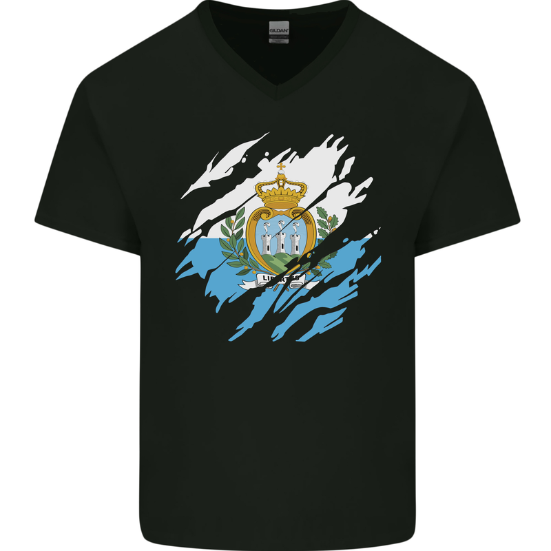 Torn San Marino Flag Sammarinese Day Football Mens V-Neck Cotton T-Shirt Black