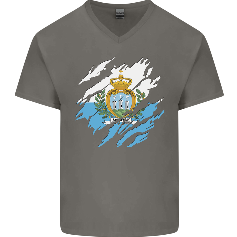 Torn San Marino Flag Sammarinese Day Football Mens V-Neck Cotton T-Shirt Charcoal