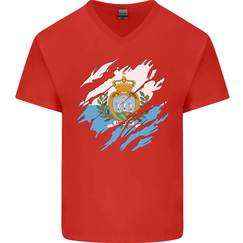Torn San Marino Flag Sammarinese Day Football Mens V-Neck Cotton T-Shirt Red