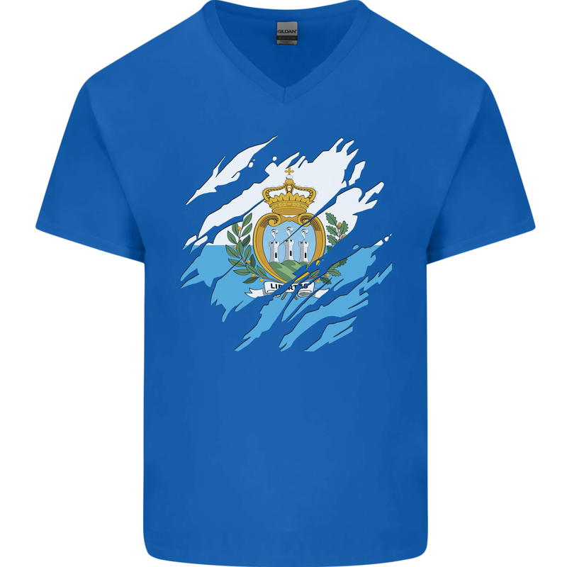 Torn San Marino Flag Sammarinese Day Football Mens V-Neck Cotton T-Shirt Royal Blue
