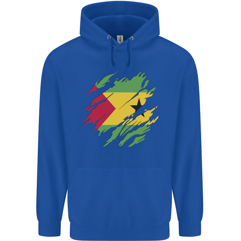 Torn Sao Tome and Principe Flag Day Football Mens 80% Cotton Hoodie Royal Blue
