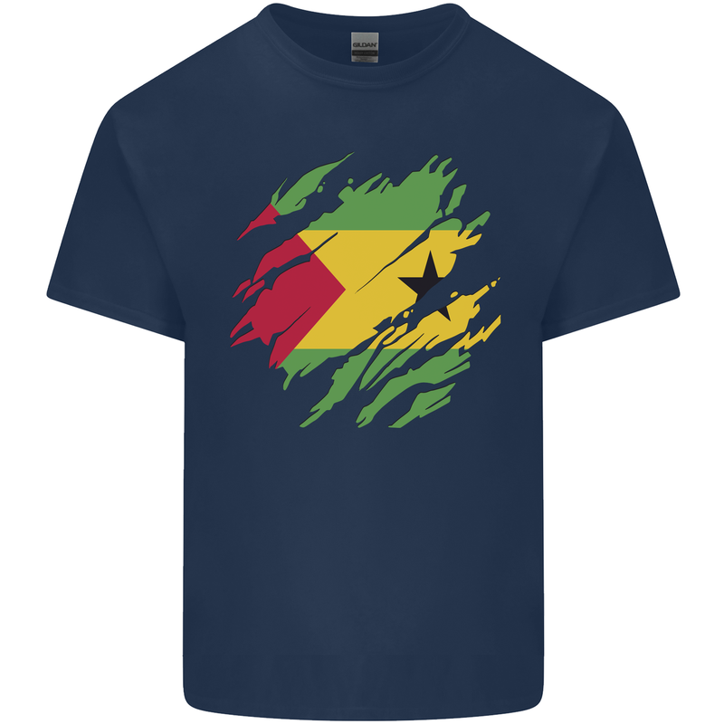 Torn Sao Tome and Principe Flag Day Football Mens Cotton T-Shirt Tee Top Navy Blue