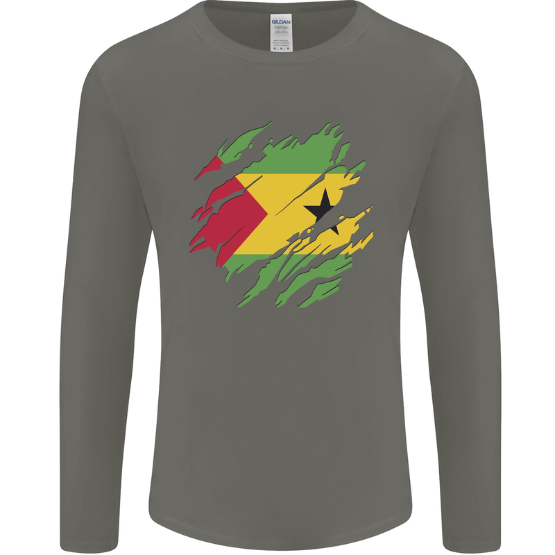 Torn Sao Tome and Principe Flag Day Football Mens Long Sleeve T-Shirt Charcoal