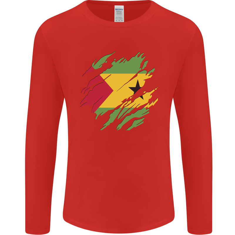 Torn Sao Tome and Principe Flag Day Football Mens Long Sleeve T-Shirt Red
