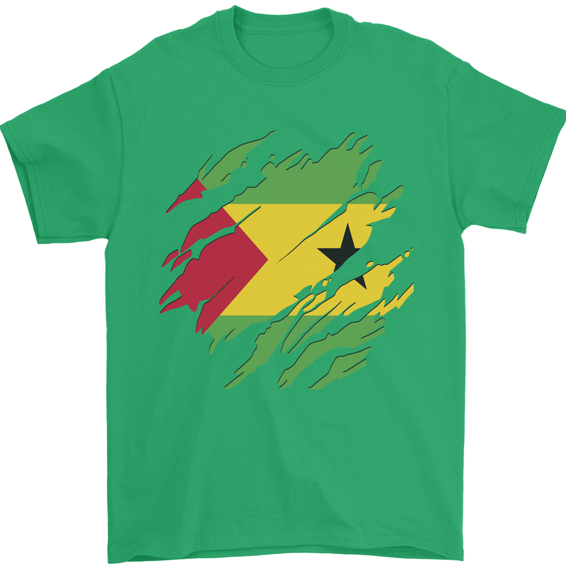 Torn Sao Tome and Principe Flag Day Football Mens T-Shirt 100% Cotton Irish Green