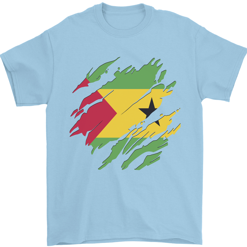 Torn Sao Tome and Principe Flag Day Football Mens T-Shirt 100% Cotton Light Blue