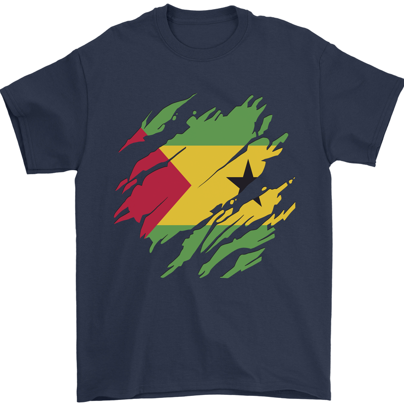 Torn Sao Tome and Principe Flag Day Football Mens T-Shirt 100% Cotton Navy Blue