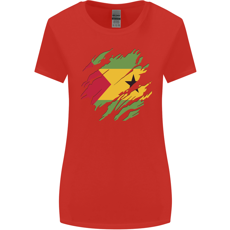 Torn Sao Tome and Principe Flag Day Football Womens Wider Cut T-Shirt Red