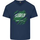 Torn Saudi Arabia Flag Arabian Day Football Mens V-Neck Cotton T-Shirt Navy Blue